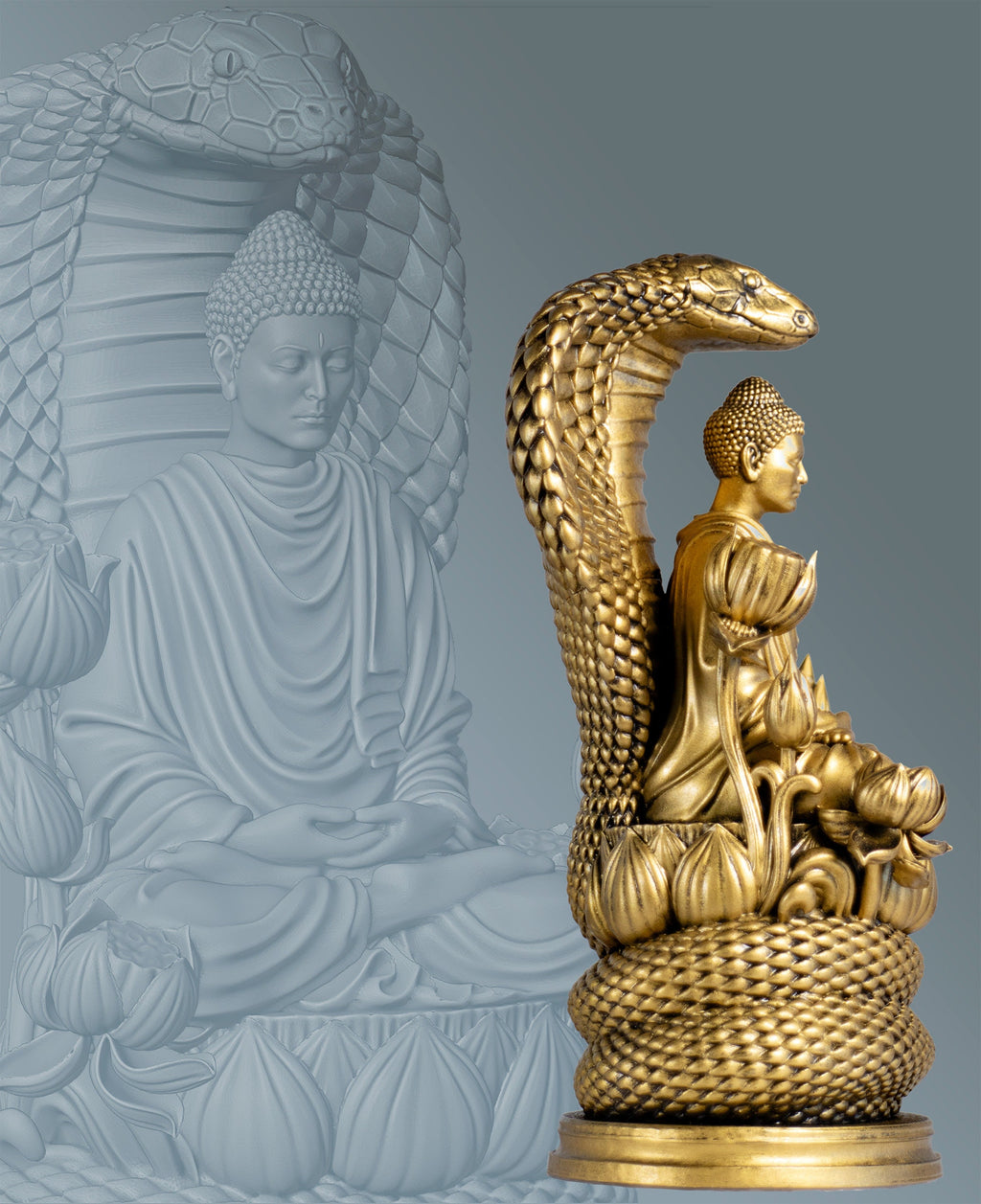 Buddha Statue. Siddhartha Gautama, the Buddha, Buddhism Founder.  Protected by Naga King Mucalinda. (Handmade, UV-resin)