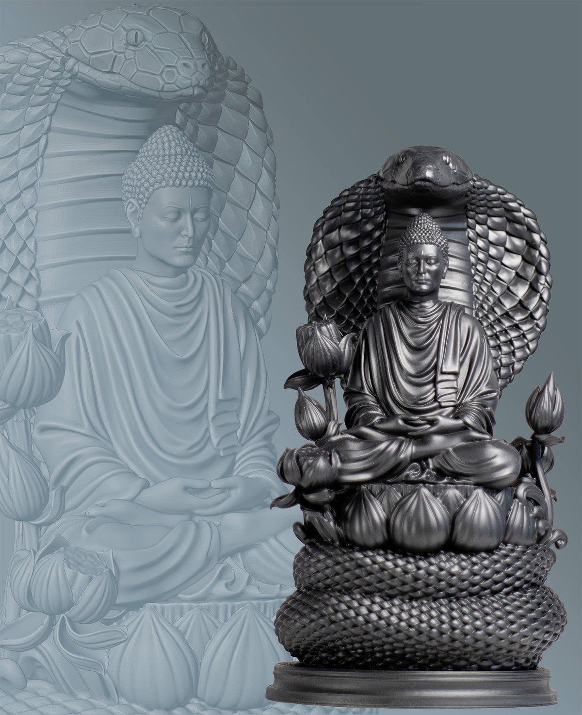 Buddha Statue. Siddhartha Gautama, the Buddha, Buddhism Founder.  Protected by Naga King Mucalinda. (Handmade, UV-resin)