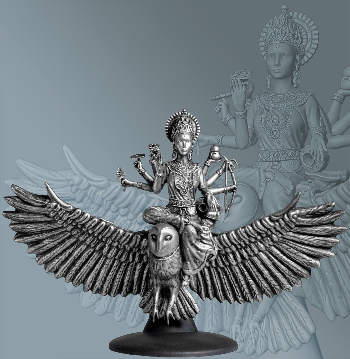 Laxmi Statue, Wealth and Good Fortune Goddess Riding Owl Uluka (Handmade, UV-resin)