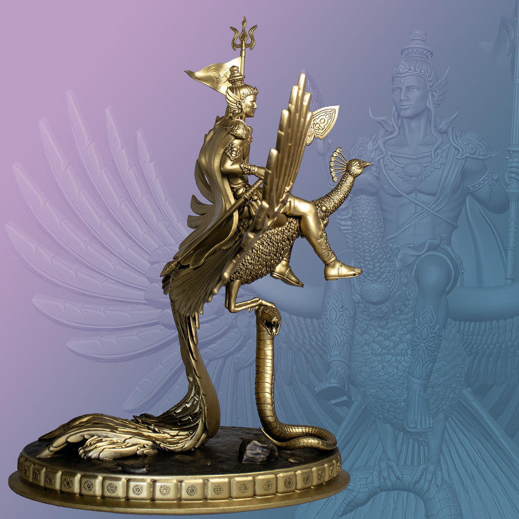 Statue du Seigneur Kartikeya (Grande 11"). Skanda, Murugan, Kumara, fils du Seigneur Shiva. (Fait main, résine UV)