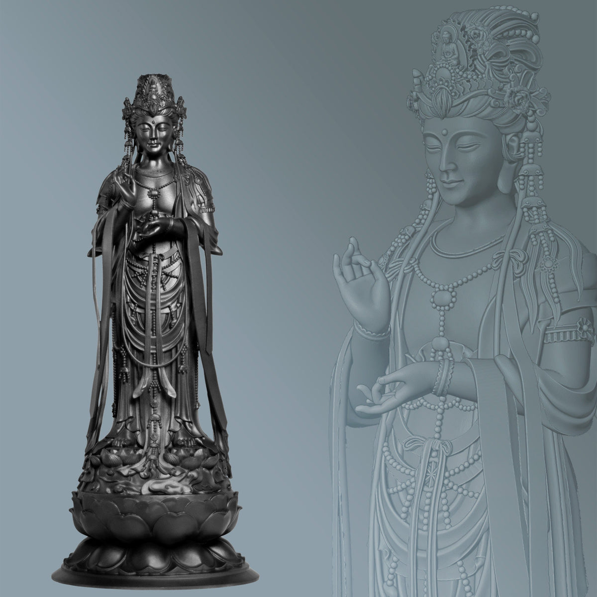 Avalokiteshvara Statue. Self-born Eternal Buddha Amitabha. Guanyin Bodhisattva of Compassion (Handmade, UV-resin)