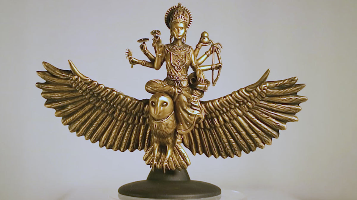 Statue de Lakshmi, déesse de la richesse et de la bonne fortune chevauchant la chouette Uluka (faite à la main, résine UV)