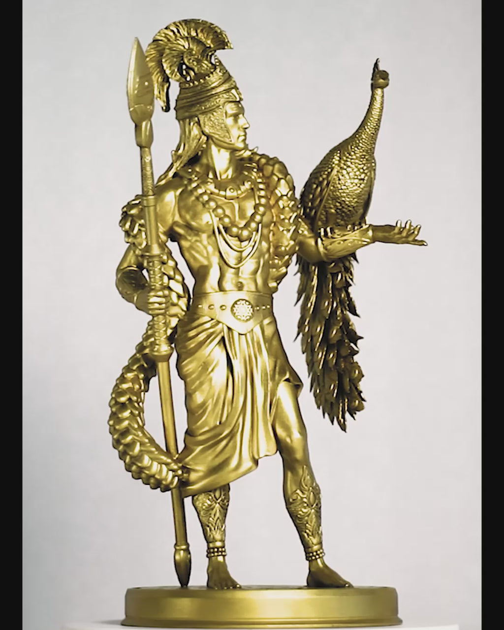 Statue of Lord Kartikeya, Murugan with peacock Paravani and Vel. (Handmade, UV-resin)
