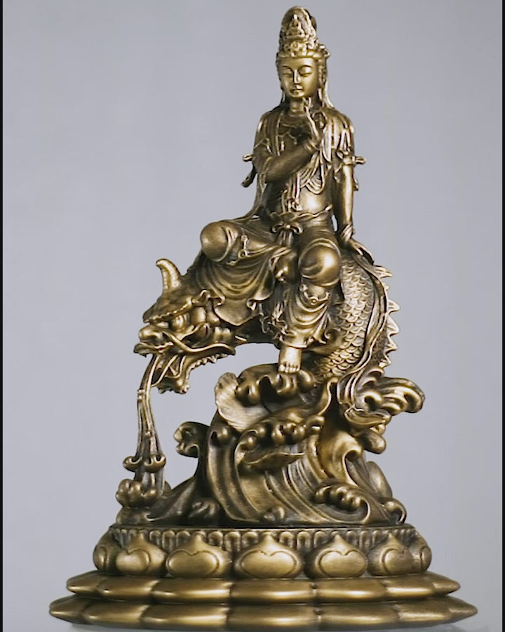 Guan Yin Statue. Goddess of Mercy, Bodhisattva of Compassion Riding Dragon Fish. (Handmade, UV-resin)