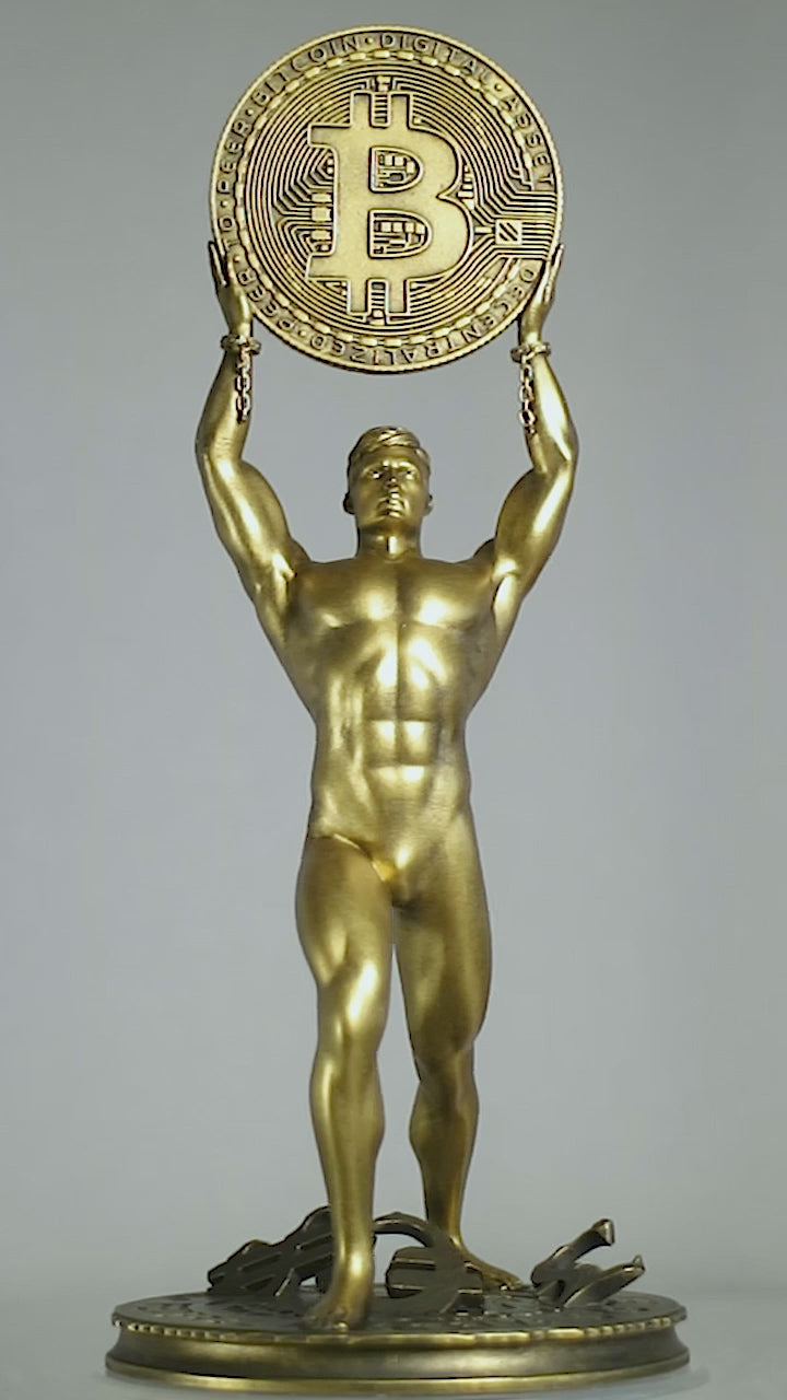 Statue de l'homme Bitcoin, or numérique crypto, symbole de liberté financière. (Fait main, résine UV)